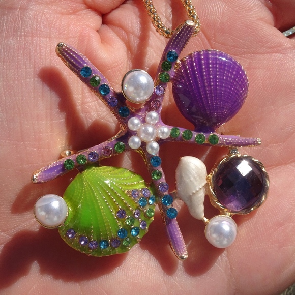 Purple & Green Enamel Starfish Pearl Pendant Brooch Summer Ocean Beach Necklace - Picture 7 of 8